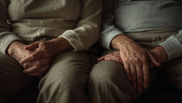 Senior couple holding hands on sofa, closeup conveying comfort and companionship