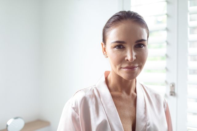 This image features a confident woman standing in a bright bathroom at home. She is wearing a robe and appears relaxed, suggesting a moment of self-care or morning routine. This image can be used in articles or advertisements related to beauty, wellness, self-care routines, or home lifestyle.