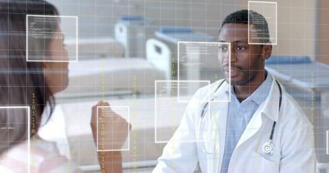 Doctor Consulting with Patient Amid Digital Data Interface