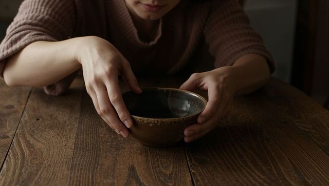 Woman holding stoneware bowl over wooden table, leaning in ribbed sweater, calm rustic mood