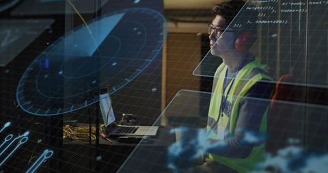 Korean engineer analyzing high-tech radar interfaces in control room