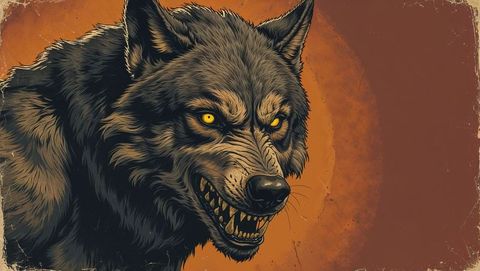 Aggressive snarling werewolf with glowing eyes on orange background