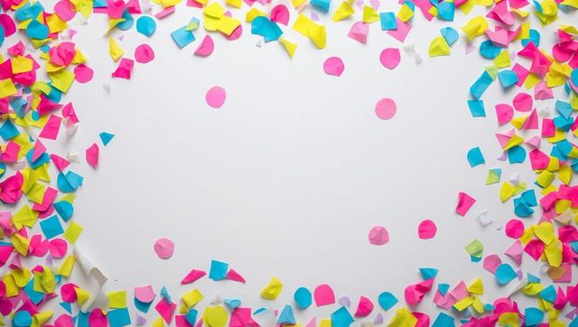 Colorful paper confetti border framing blank white center for party celebration design