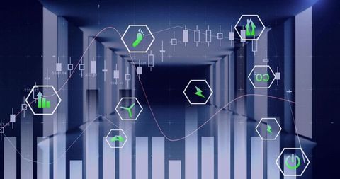 Displaying analytics dashboard overlaying modern corridor with energy, finance, green icons