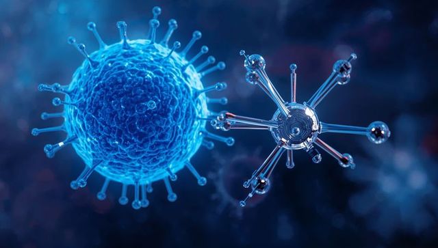 Blue viral nanoparticle encountering metallic nanorobot in microscopic laboratory fluid