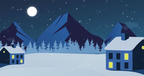 Winter Night Scene with Snowfall and Cozy Cabins