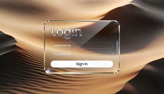 Frosted glass login panel floating over sunlit sand dunes with beveled reflective ui mockup