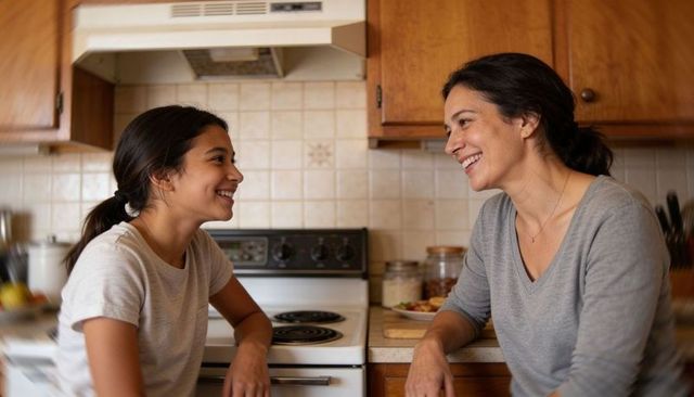 Mother and daughter sharing warm conversation while preparing meal together in kitchen