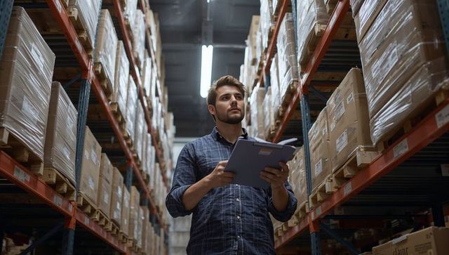 Warehouse inventory manager checking palletized stock with clipboard in industrial aisle logistics