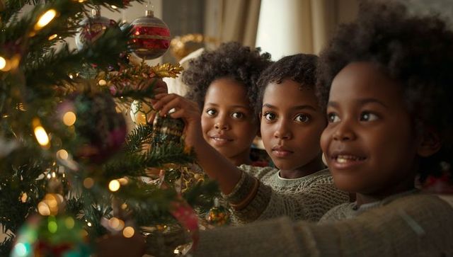 Joyful sisters decorating christmas tree with baubles
