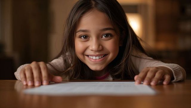 Smiling young girl leaning on wooden table reading sheet under warm lamp glow