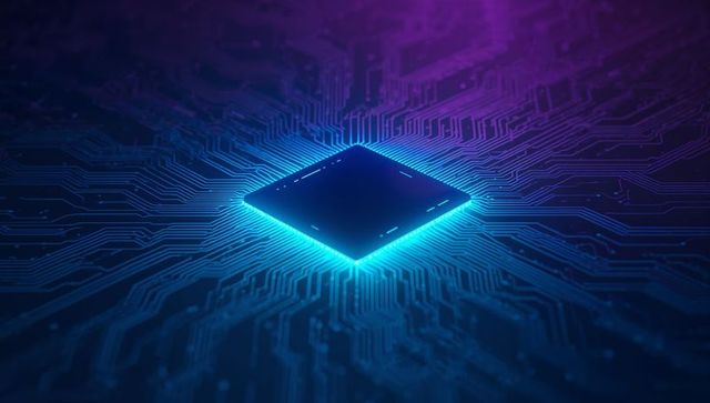 Futuristic microprocessor glowing over circuit board