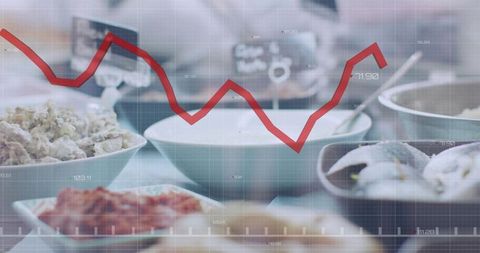 Displaying red market trend line over minimalist tableware and bowls for restaurant analytics