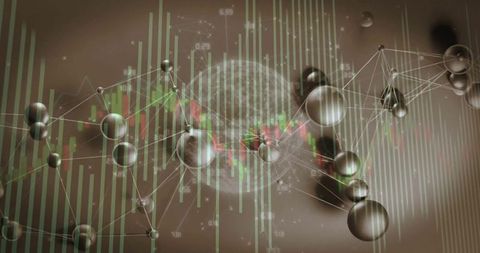 Digital globe with metallic molecular nodes and candlestick chart overlay in sepia