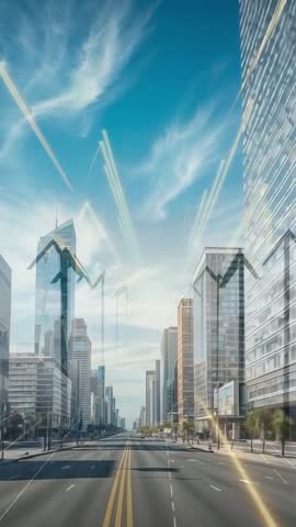 Vertical Business Growth Video Showing Translucent Upward Arrows Over Skyscraper Avenue