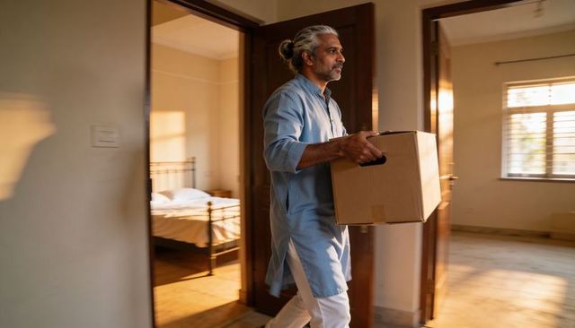 Carrying moving box through sunlit home doorway, man in kurta walking during relocation