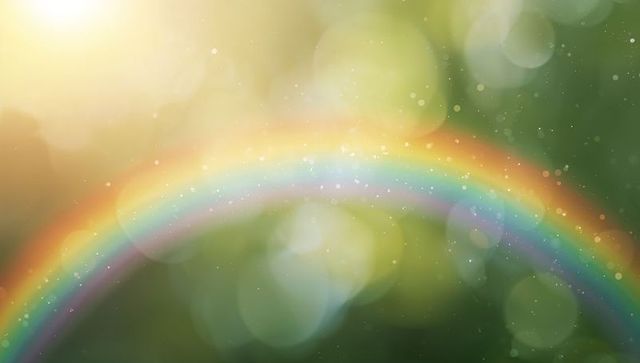 Soft Sunlit Rainbow Arc with Bokeh and Mist Droplets Creating Dreamy Glowing Atmosphere