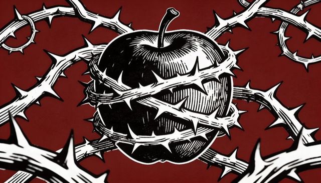 Wrapping thorny vines piercing apple on deep red backdrop woodcut style linework monochrome