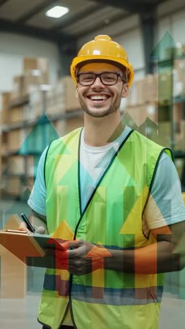Warehouse Worker Checking Inventory on Clipboard Wearing Safety Vest and Hard Hat, Upward Arrows