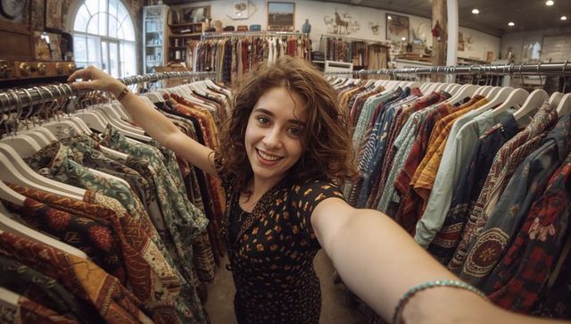Woman Taking Selfie Surrounded by Vibrant Clothing in Boutique