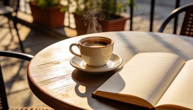 Steaming coffee cup on sunlit cafe table with open notebook for morning journaling