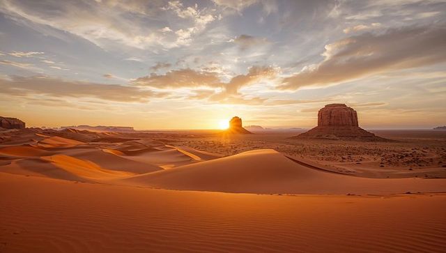 Sunset over sunlit desert dunes curving toward low sun with buttes and golden ripples