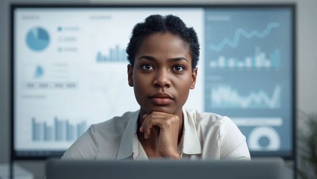 Focused black business analyst studying data dashboard on monitor