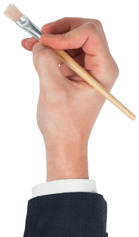 Transparent hand holding paintbrush on white background