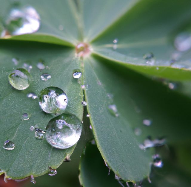 Close-up showing dew drops on a green leaf, highlighting intricate details of nature's beauty. Ideal for themes related to nature, freshness, and environmentalism. Excellent for blogs, digital wallpapers, and environmental campaigns emphasizing natural elements.