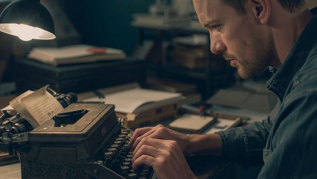 Focused writer typing on vintage typewriter in dimly lit study, nostalgic creative workflow