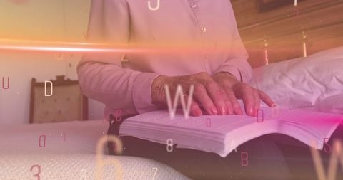 Elderly Woman Reading Book on Bed with Digital Overlays