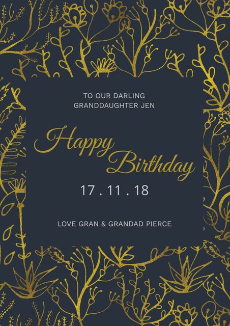 This elegant gold floral motif template on a navy background is ideal for creating personalized greeting cards for birthdays, weddings, and anniversaries. The intricate design offers a sophisticated look perfect for various special occasions. Customize the text to suit your needs and make your greetings stand out. Ideal for sending birthday wishes to loved ones or celebrating significant milestones with style.