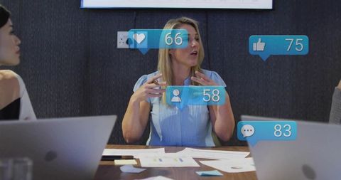Blond Businesswoman Leading Digital Engagement Meeting with Social Media Metrics Overlays