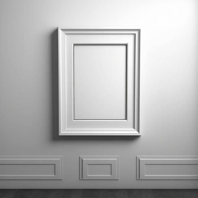 White empty picture frame hanging on minimalist wall in bright room. Ideal for design projects, interior decoration, and showcasing modern, simplistic style. Suitable for mockup purposes or creative art displays.