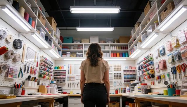 Woman surveying organized craft studio with pegboard storage, ribbon spools and tools