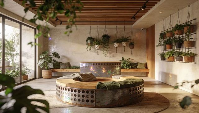 Sunlit modern lounge featuring circular perforated-metal sofa, wooden seating and hanging plants