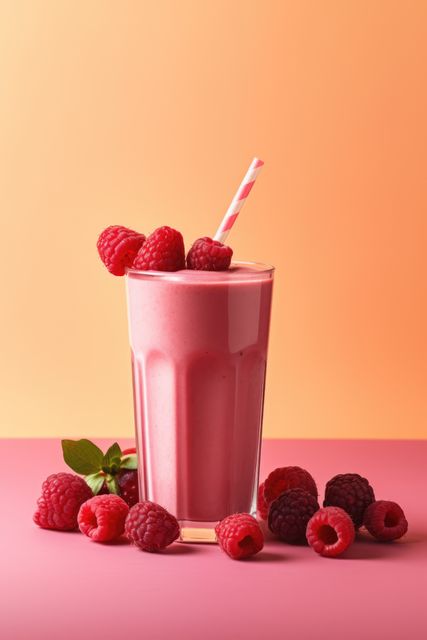 Raspberry smoothie and raspberries on orange background, created using generative ai technology. Fruit smoothie, food and drink, healthy eating concept digitally generated image.
