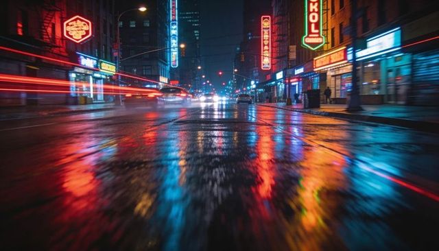 Neon rain reflections on wet downtown street with motion blur and colorful light trails