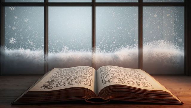 Antique journal resting on wooden table, glowing by frosted window showing falling snow