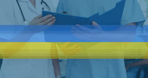 Healthcare Professionals Discussing Blue Folder with EU Overlay