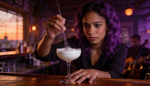 Mixologist with purple hair stirring creamy cocktail at sunset lounge bar with live guitar