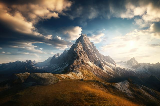Panoramic view of a majestic mountain peak at sunrise, with dramatic clouds filling the sky. Ideal for travel and adventure websites, inspirational posters, outdoor activity promotions, and nature photography enthusiasts looking to capture the magnificence of wilderness landscapes.