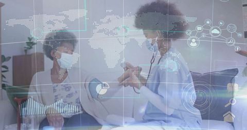 Nurse Checking Senior Patient Blood Pressure at Home with Technological Overlay