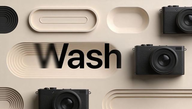 Minimalist matte-black camera display on beige studio panel featuring bold wash typography