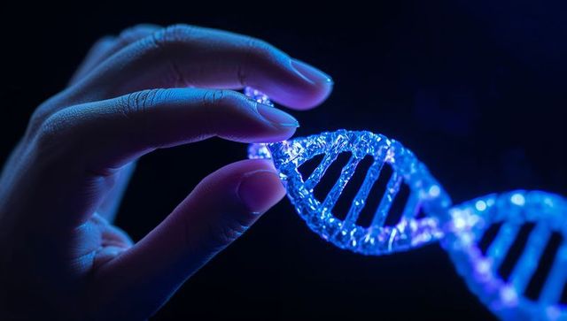 Hand pinching glowing dna double helix representing genetic research and biotech innovation