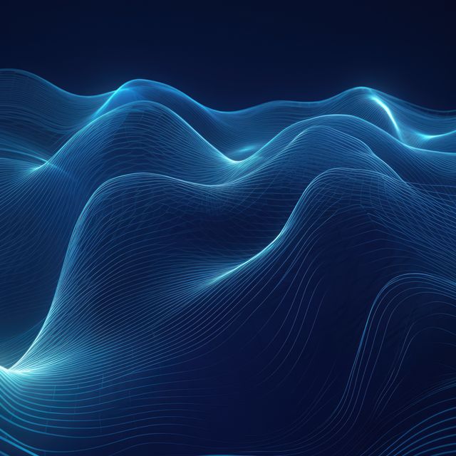 Abstract blue wavy lines on black background, created using generative ai technology. Abstract, colour and shape concept digitally generated image.