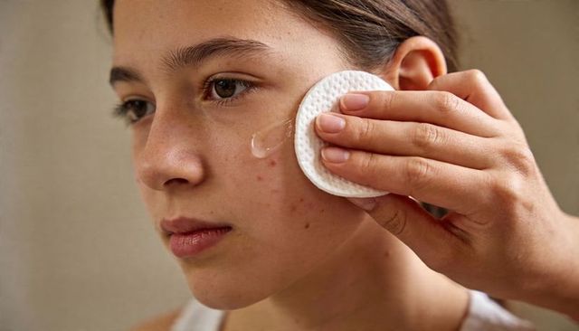 Teen applying acne serum with cotton pad, gentle everyday skincare routine closeup in bathroom