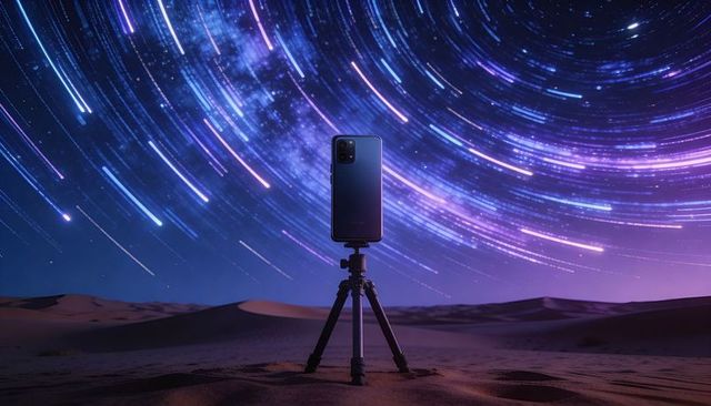 Desert smartphone astrophotography on tripod capturing circular star trails and milky way
