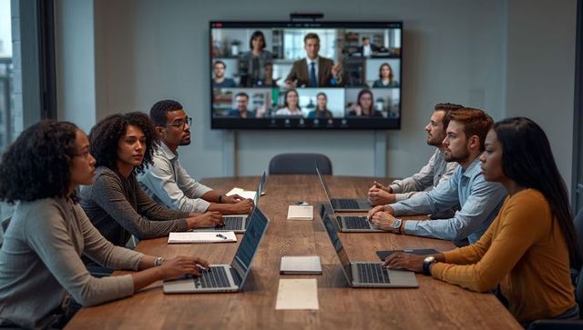 Business team holding hybrid meeting in modern boardroom with video conference wall