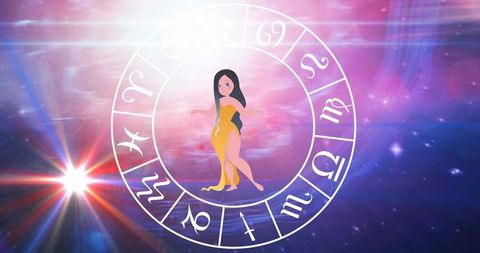 Libra Zodiac Sign with Horoscope Wheel Over Cosmic Background